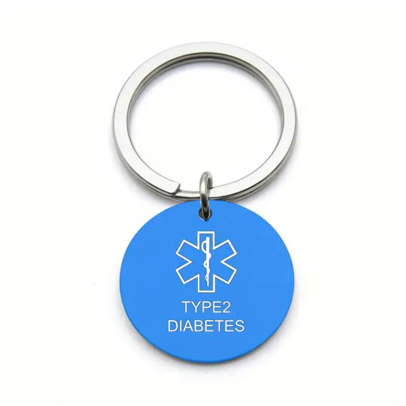 Star Of Life Medical Sign Keychain, Warning Word Pendant Keycain, Type 2 Diabetes Round Stainless Steel Keychain Blue