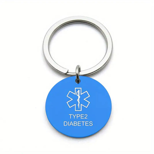 Star Of Life Medical Sign Keychain, Warning Word Pendant Keycain, Type 2 Diabetes Round Stainless Steel Keychain Blue