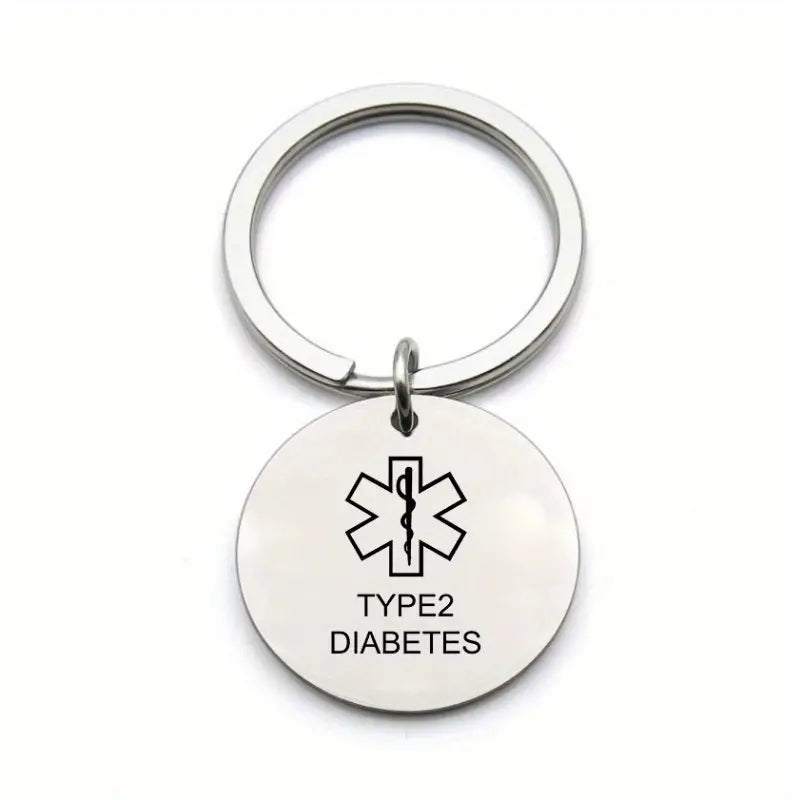 Star Of Life Medical Sign Keychain, Warning Word Pendant Keycain, Type 2 Diabetes Round Stainless Steel Keychain