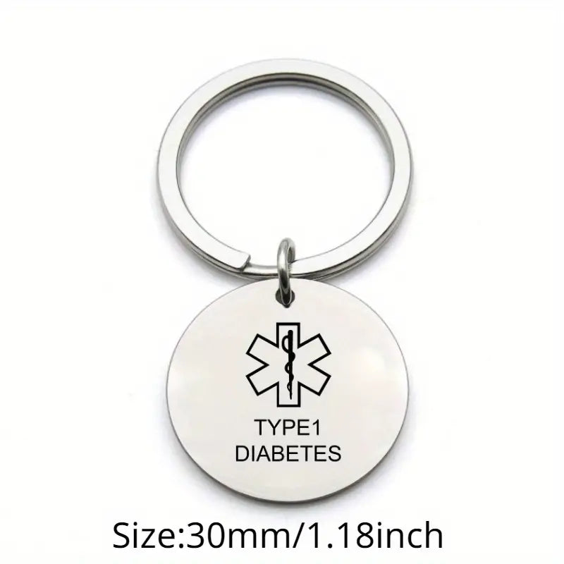 Star Of Life Medical Sign Keychain, Warning Word Pendant Keycain, Type 1 Diabetes Round Stainless Steel Keychain