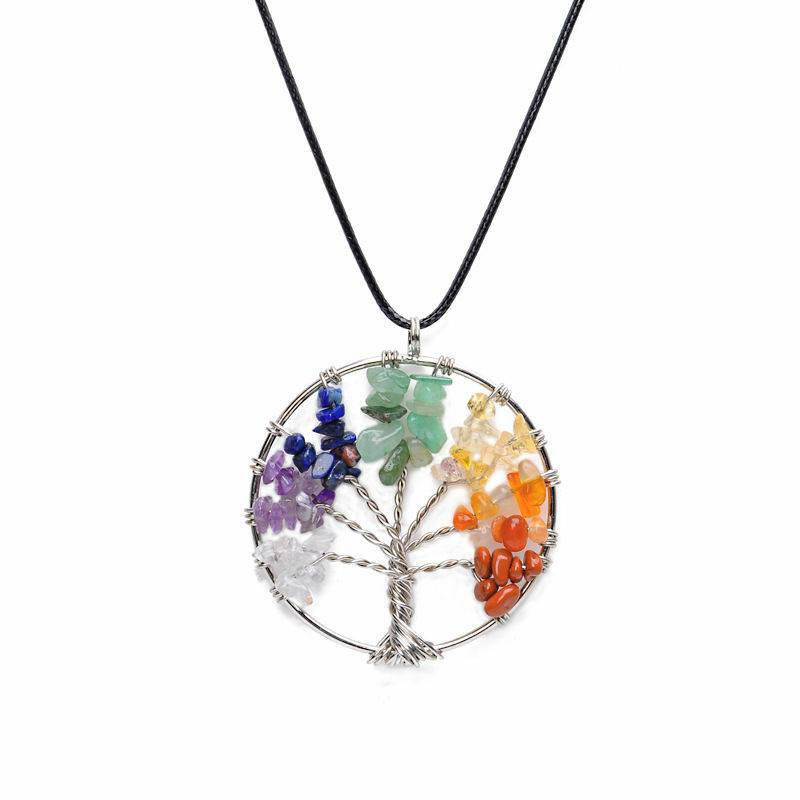 Tree of Life Chakra Gemstone Natural Tumbled Gemstone Crystal Pendant Necklace Silver