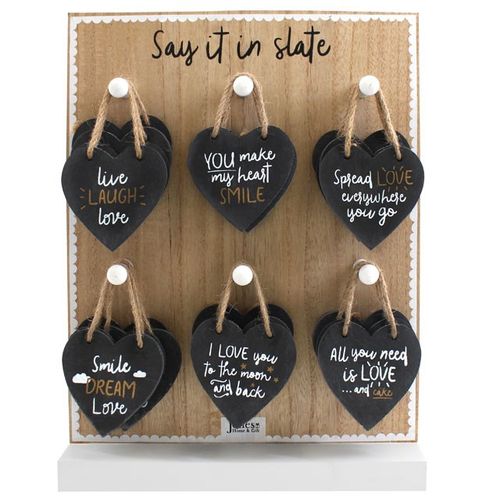 Set of 24 Slate Heart Hanging Decorations on Display