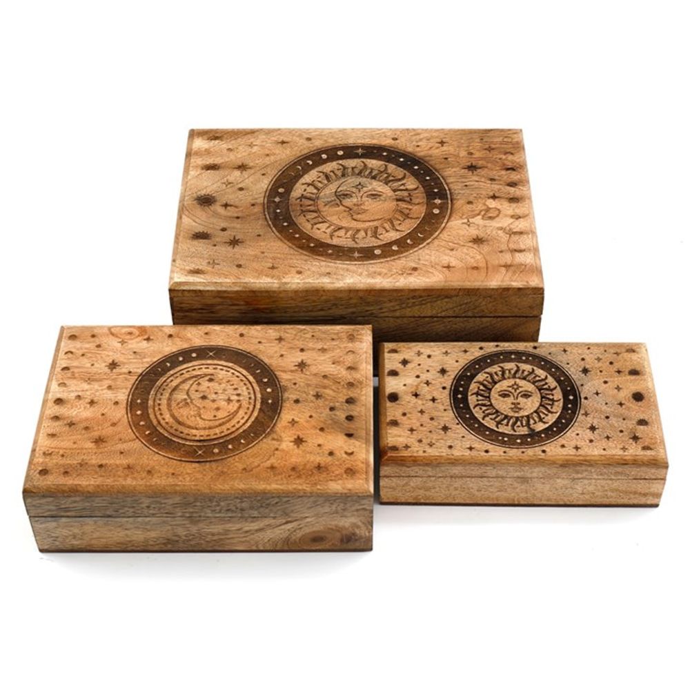 Set of 3 Sun and Moon Mango Wood Boxes